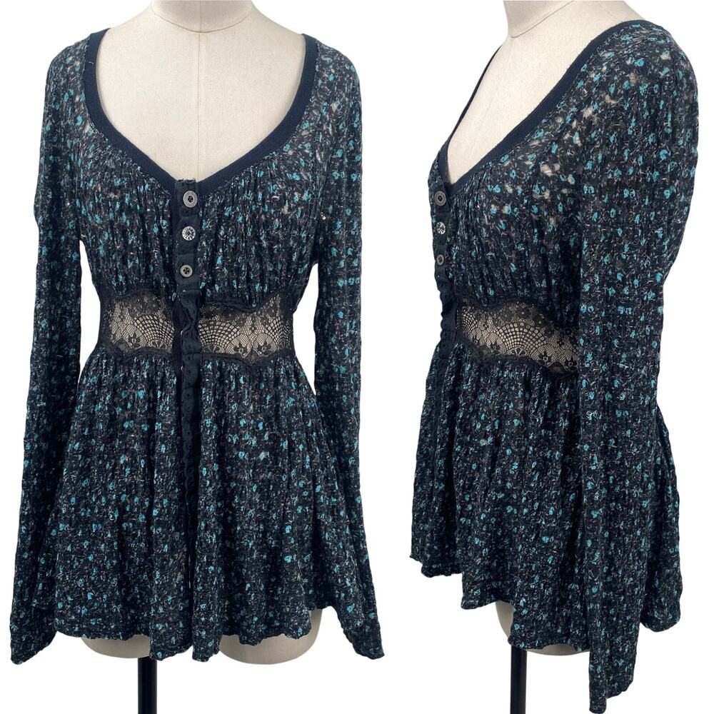 Free People Babydoll Lace Tunic Top Henley Cotton Printed Mixed Button Front S